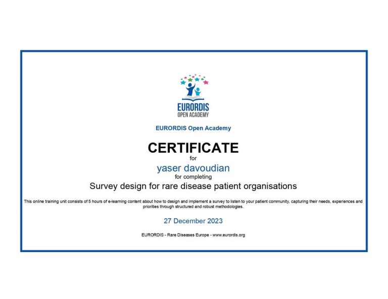 Yaser Davoudian Survey Design For Rare Disease Patient Organisations Certificate Survey Design For Patient Organisations EURORDIS Open Academy_page 0001